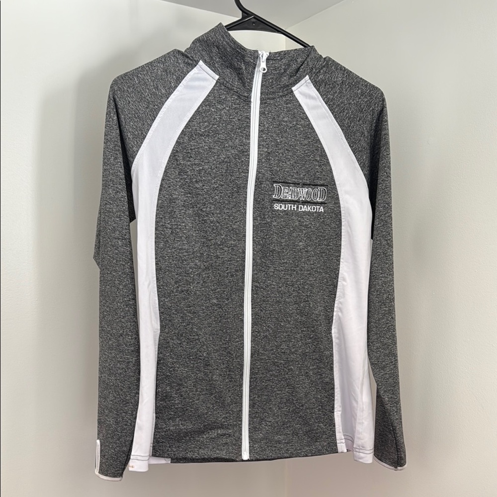 Gray and White Utility Jacket with Raglan Sleeves and Stand-Up Collar